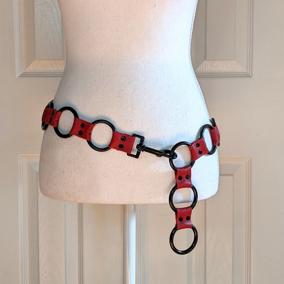 Rings and Rivets Accessories - Red leather belt with black rings, handmade, S/XL
